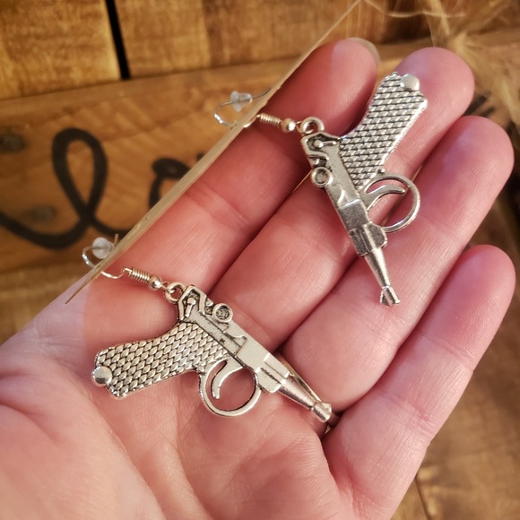Silver Gun Earrings Military Pistol Handgun Ruger~Armed Forces~Army Gift idea - Picture 6 of 11